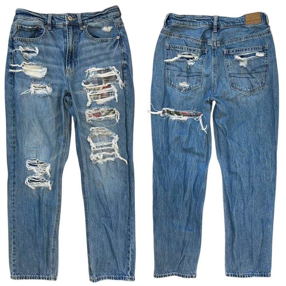 American Eagle “Mom Straight Jean” Cotton Ripped Jeans Flannel Cut Out Size 4